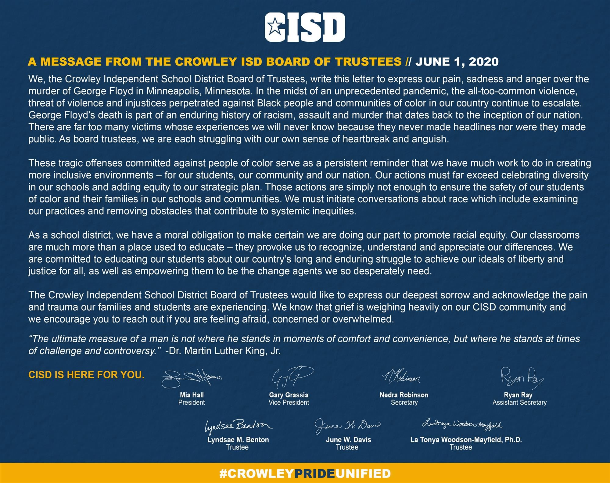 A message from the CISD Board of Trustees 